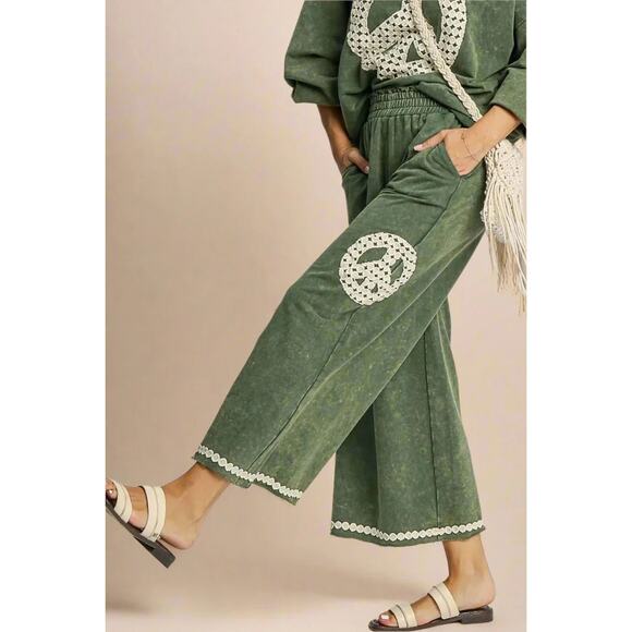 Umgee Pants - Olive Umgee Peace Patch Wide Leg Pants Mineral Wash Crochet Pull-On Boho XL NWT